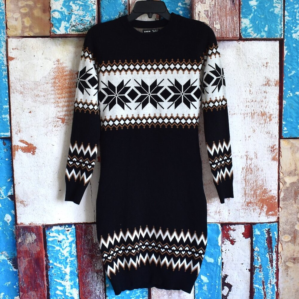 Women's Shein Knit Dress Long Sleeve Crew Neck Fitted SMALL Multicolor
